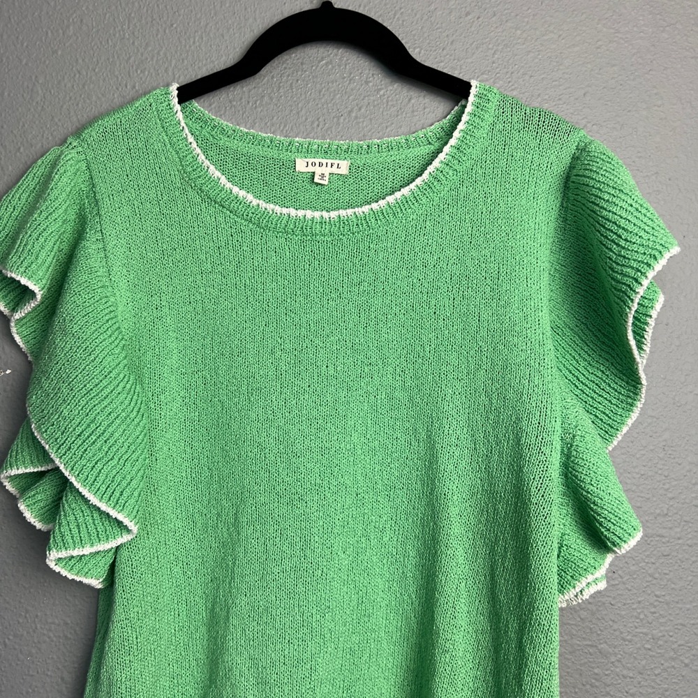 Jodifl Green Ruffle Sleeve Sweater Open Knit Top White Trim Summer Casual Medium - Picture 2 of 10